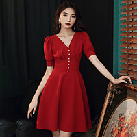 A-Line Minimalist Elegant Homecoming Cocktail Party Dress V Neck Short Sleeve Short / Mini Stretch Fabric with Buttons Pleats 2020