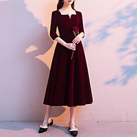 A-Line Minimalist Elegant Party Wear Cocktail Party Dress Scoop Neck Half Sleeve Tea Length Velvet with Sleek 2021 miniinthebox