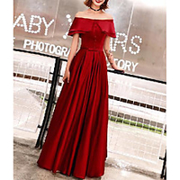 A-Line Minimalist Elegant Party Wear Prom Dress Off Shoulder Short Sleeve Floor Length Satin with Bow(s) Pleats 2020