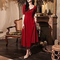 A-Line Minimalist Elegant Party Wear Prom Dress Sweetheart Neckline Short Sleeve Tea Length Stretch Fabric with Bow(s) Beading 2021 miniinthebox