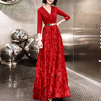 A-Line Minimalist Elegant Party Wear Prom Dress V Neck 3/4 Length Sleeve Floor Length Lace Stretch Fabric with Sash / Ribbon 2021 miniinthebox