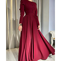 A-Line Minimalist Elegant Wedding Guest Formal Evening Dress Jewel Neck Long Sleeve Floor Length Stretch Satin with Buttons Pleats 2020