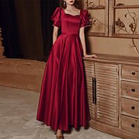 A-Line Minimalist Elegant Wedding Guest Formal Evening Dress Scoop Neck Short Sleeve Ankle Length Satin with Sleek Beading 2021 miniinthebox