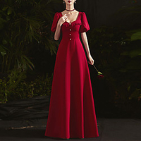 A-Line Minimalist Elegant Wedding Guest Formal Evening Dress Scoop Neck Short Sleeve Floor Length Spandex with Buttons 2020