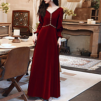 A-Line Minimalist Elegant Wedding Guest Formal Evening Dress V Neck Long Sleeve Floor Length Velvet with Pearls 2020