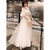 A-Line Minimalist Elegant Wedding Guest Prom Dress Illusion Neck Half Sleeve Floor Length Satin Tulle with Appliques 2020