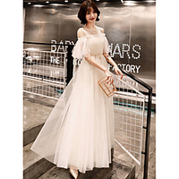 A-Line Minimalist Elegant Wedding Guest Prom Dress Illusion Neck Half Sleeve Floor Length Satin Tulle with Appliques 2020