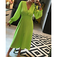 A-Line Minimalist Elegant Wedding Guest Prom Dress V Neck Long Sleeve Tea Length Chiffon with Sleek 2020