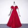 A-Line Minimalist Elegant Wedding Guest Prom Dress V Neck Short Sleeve Floor Length Tulle with Pleats Embroidery 2020