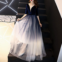 A-Line Minimalist Gradient Wedding Guest Formal Evening Dress Illusion Neck V Neck Half Sleeve Floor Length Tulle Velvet with Sash / Ribbon 2021 miniinthebox