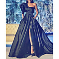 A-Line Minimalist Sexy Engagement Formal Evening Dress One Shoulder Half Sleeve Court Train Satin with Pleats Split 2020