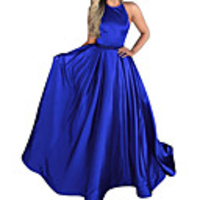 A-Line Minimalist Sexy Wedding Guest Formal Evening Dress Halter Neck Sleeveless Sweep / Brush Train Stretch Satin with Pleats 2020