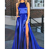 A-Line Minimalist Sexy Wedding Guest Formal Evening Dress Jewel Neck Sleeveless Sweep / Brush Train Stretch Satin with Split 2020