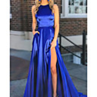 A-Line Minimalist Sexy Wedding Guest Formal Evening Dress Jewel Neck Sleeveless Sweep / Brush Train Stretch Satin with Split 2020