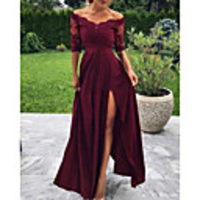 A-Line Minimalist Sexy Wedding Guest Formal Evening Dress Off Shoulder Half Sleeve Floor Length Charmeuse with Pleats Split Appliques 2020