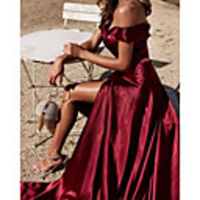 A-Line Minimalist Sexy Wedding Guest Formal Evening Dress Off Shoulder Sleeveless Chapel Train Charmeuse with Pleats Split 2020