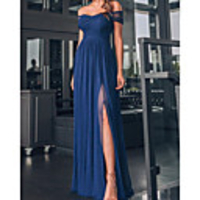 A-Line Minimalist Sexy Wedding Guest Formal Evening Dress Off Shoulder Sleeveless Floor Length Tulle with Pleats Split 2020