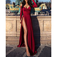 A-Line Minimalist Sexy Wedding Guest Formal Evening Dress V Neck Long Sleeve Sweep / Brush Train Satin with Split 2020