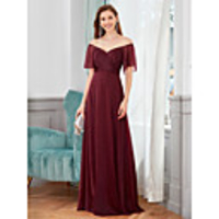 A-Line Minimalist Sexy Wedding Guest Formal Evening Dress V Neck Short Sleeve Floor Length Chiffon with Sleek 2020