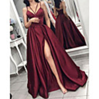A-Line Minimalist Sexy Wedding Guest Formal Evening Dress V Neck Sleeveless Floor Length Satin with Split 2020