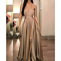 A-Line Minimalist Sexy Wedding Guest Formal Evening Dress V Neck Sleeveless Floor Length Stretch Satin with Pleats Split 2020