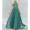 A-Line Minimalist Sparkle Wedding Guest Formal Evening Dress Halter Neck Sleeveless Floor Length Chiffon with Pleats Crystals 2020