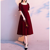 A-Line Minimalist Vintage Cocktail Party Prom Dress Scoop Neck Half Sleeve Tea Length Velvet with Sleek 2021 miniinthebox