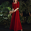 A-Line Minimalist Vintage Engagement Formal Evening Dress Scoop Neck Half Sleeve Floor Length Velvet with Buttons Ruffles 2020