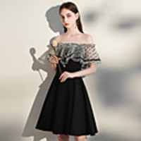 A-Line Minimalist Vintage Homecoming Cocktail Party Dress Off Shoulder Short Sleeve Knee Length Spandex with Buttons 2020