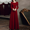 A-Line Minimalist Vintage Wedding Guest Formal Evening Dress Jewel Neck Long Sleeve Floor Length Velvet with Sleek 2020