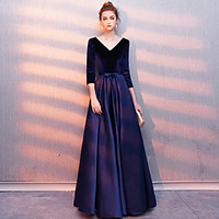 A-Line Minimalist Vintage Wedding Guest Formal Evening Dress V Neck 3/4 Length Sleeve Floor Length Satin Velvet with Sleek 2021 miniinthebox