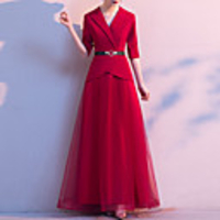 A-Line Minimalist Vintage Wedding Guest Formal Evening Dress V Neck Half Sleeve Floor Length Spandex Tulle with Sash / Ribbon 2020