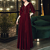 A-Line Minimalist Vintage Wedding Guest Formal Evening Dress V Neck Half Sleeve Floor Length Velvet with Buttons 2020