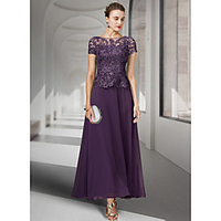 A-Line Mother of the Bride Dress Elegant Jewel Neck Ankle Length Chiffon Lace Short Sleeve with Pleats Appliques 2020