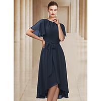 A-Line Mother of the Bride Dress Elegant Jewel Neck Asymmetrical Chiffon Short Sleeve with Bow(s) Pleats 2020