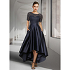 A-Line Mother of the Bride Dress Elegant Jewel Neck Asymmetrical Lace Satin Short Sleeve with Pleats 2020