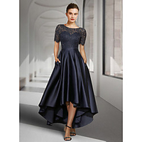 A-Line Mother of the Bride Dress Elegant Jewel Neck Asymmetrical Lace Satin Short Sleeve with Pleats 2020