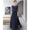 A-Line Mother of the Bride Dress Elegant Jewel Neck Floor Length Chiffon Lace 3/4 Length Sleeve with Pleats Crystals Appliques 2020