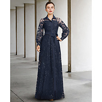 A-Line Mother of the Bride Dress Elegant Jewel Neck Floor Length Chiffon Lace Long Sleeve with Pleats Appliques 2021 miniinthebox