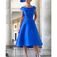 A-Line Mother of the Bride Dress Elegant Jewel Neck Knee Length Satin Sleeveless with Ruching 2020