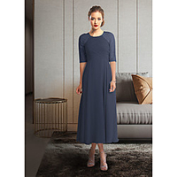 A-Line Mother of the Bride Dress Elegant Jewel Neck Tea Length Chiffon Lace Half Sleeve with Pleats Ruching 2020