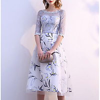 A-Line Mother of the Bride Dress Elegant Jewel Neck Tea Length Jersey Half Sleeve with Lace Flower 2020