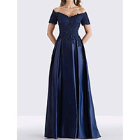 A-Line Mother of the Bride Dress Elegant Off Shoulder Floor Length Lace Satin Short Sleeve with Pleats Beading 2020