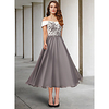 A-Line Mother of the Bride Dress Elegant Off Shoulder Tea Length Chiffon Lace Short Sleeve with Pleats Appliques 2020