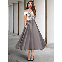 A-Line Mother of the Bride Dress Elegant Off Shoulder Tea Length Chiffon Lace Short Sleeve with Pleats Appliques 2020