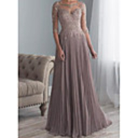A-Line Mother of the Bride Dress Elegant Plus Size See Through Bateau Neck Sweep / Brush Train Chiffon Lace Half Sleeve with Sash / Ribbon Appliques 2020 Mother of the groom dresses