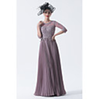 A-Line Mother of the Bride Dress Elegant Plus Size See Through Bateau Neck Sweep / Brush Train Chiffon Lace Half Sleeve with Sash / Ribbon Appliques 2020 Mother of the groom dresses