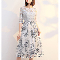 A-Line Mother of the Bride Dress Elegant Sweet Jewel Neck Tea Length Lace Tulle Half Sleeve with Appliques 2020