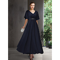 A-Line Mother of the Bride Dress Elegant V Neck Ankle Length Chiffon Half Sleeve with Pleats Crystal Brooch 2020
