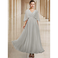 A-Line Mother of the Bride Dress Elegant V Neck Ankle Length Chiffon Half Sleeve with Sash / Ribbon Pleats 2020